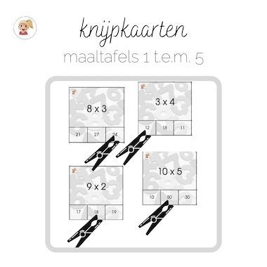 Lesmateriaal Knijpkaarten - de tafels van 1 t.e.m. 5  van auteur Juf Hanne_