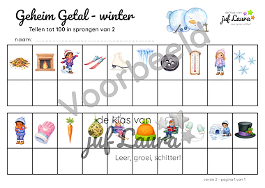 Lesmateriaal Winter - Geheim Getal - Tellen tot 100 in sprongen van 2 van auteur De klas van juf Laura slide 3