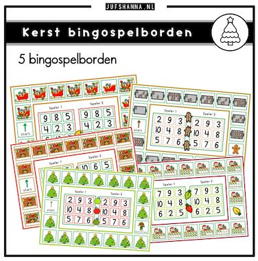 Lesmateriaal Thema kerst | 5 bingospelborden (getallen en getalbeelden) van auteur Juf Shanna
