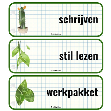 Lesmateriaal Dagritmekaarten 'planten en tuinieren' van auteur Juf Kathleen 1994
