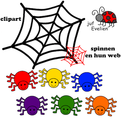 Lesmateriaal clipart spinnen en spinnenwebben in verschillende kleuren van auteur juf Evelien