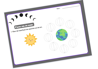 Maanfasen: kleur de maanfasen ten opzichte van de zon