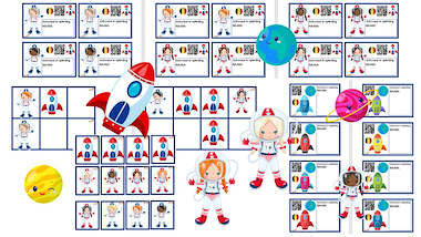 Lesmateriaal badges astronauten: met naam - witte achtergrond van auteur Little Play Friends slide 1