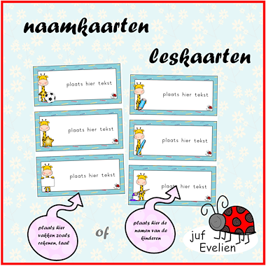 Lesmateriaal naamkaarten en/of leskaarten met giraffen van auteur juf Evelien