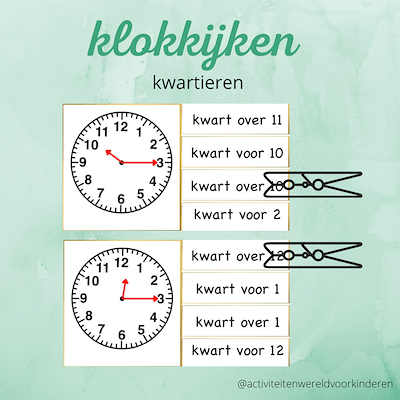 Lesmateriaal knijpkaarten klokkijken - kwartieren van auteur Nanny Melissa