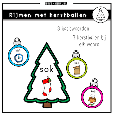 Lesmateriaal Thema kerst | Rijmen met kerstballen van auteur Juf Shanna