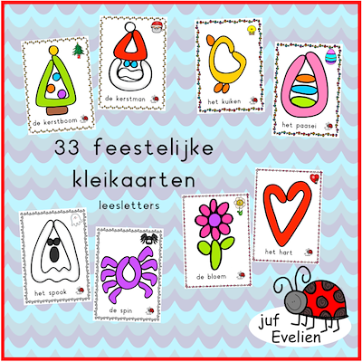 Lesmateriaal 33 feestelijke kleikaarten met leesletters en lidwoord van auteur juf Evelien