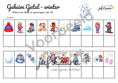 Lesmateriaal Winter - Geheim Getal - Tellen tot 1000 in sprongen van 10 van auteur De klas van juf Laura slide 3