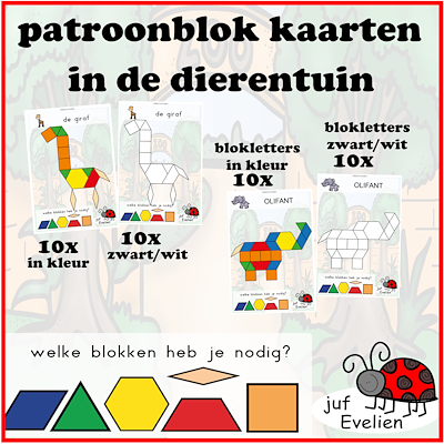 Lesmateriaal patroonblok kaarten dieren in de dierentuin van auteur juf Evelien