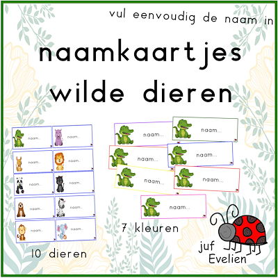 Lesmateriaal naamkaarten wilde dieren 7x10 kaarten van auteur juf Evelien