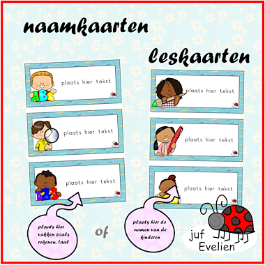 Lesmateriaal naamkaarten en/of leskaarten met kinderen van auteur juf Evelien