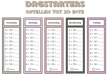 Lesmateriaal Dagstarters optellen tot 20 TE + E en E + TE en gemengd van auteur Malieza