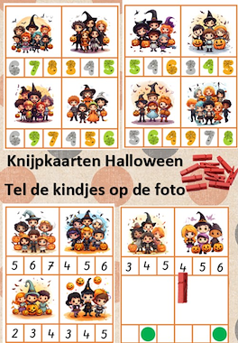 Lesmateriaal Halloween - knijpkaarten: kinderen tellen van auteur Little Play Friends
