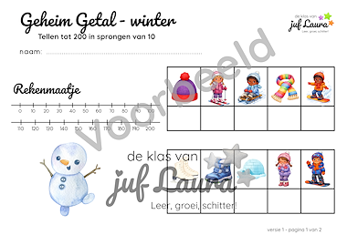 Lesmateriaal Winter - Geheim Getal - Tellen tot 200 in sprongen van 10 van auteur De klas van juf Laura slide 3