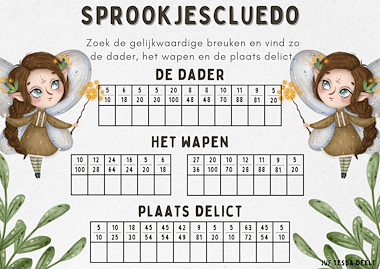 Lesmateriaal Sprookjescluedo: breuken vereenvoudigen van auteur Juf Tessa deelt slide 2