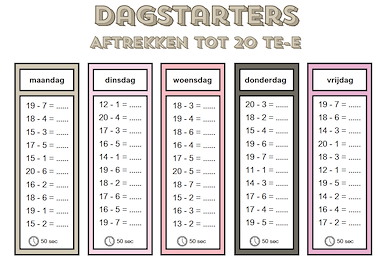 Lesmateriaal Dagstarters aftrekken tot 20 TE - E, TE - T, TE - TE van auteur Malieza