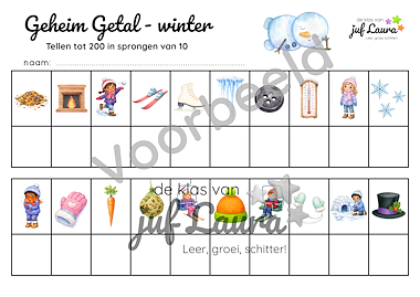 Lesmateriaal Winter - Geheim Getal - Tellen tot 200 in sprongen van 10 van auteur De klas van juf Laura slide 3