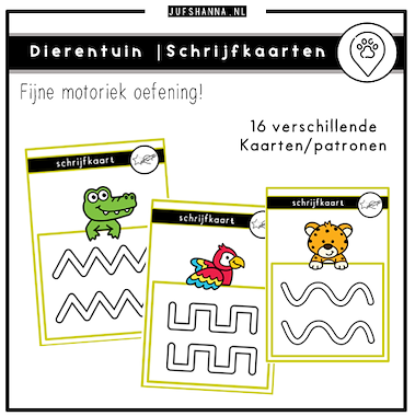 Lesmateriaal Thema dierentuin | 16 Schrijfkaarten schrijfpatronen van auteur Juf Shanna