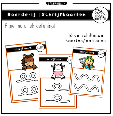 Lesmateriaal Thema boerderij | 16 schrijfkaarten schrijfpatronen van auteur Juf Shanna